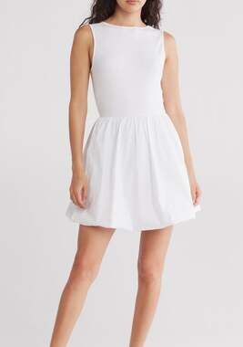 Leith Sleeveless Ribbed Bodice Bubble Mini Dress in White